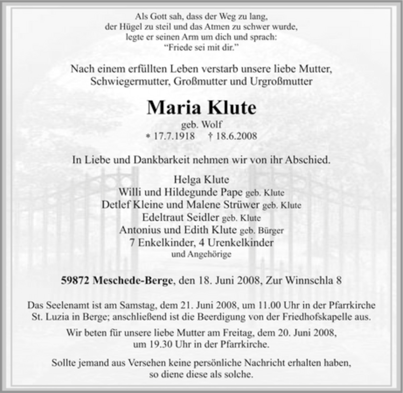  Traueranzeige für Maria Klute vom 20.06.2008 aus Tageszeitung