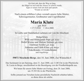 Traueranzeige von Maria Klute von Tageszeitung