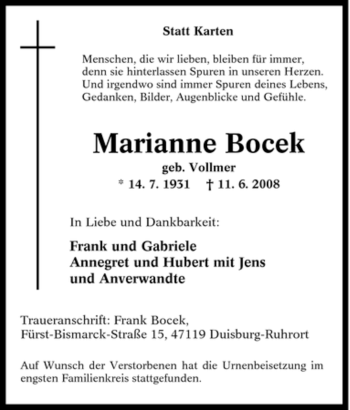 Traueranzeige von Marianne Bocek von Tageszeitung