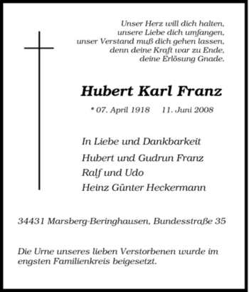 Traueranzeige von Hubert Karl Franz von Tageszeitung