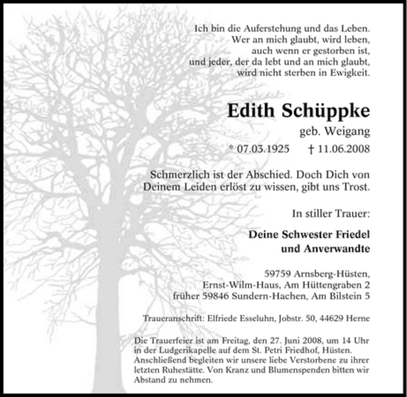  Traueranzeige für Edith Schüppke vom 21.06.2008 aus Tageszeitung