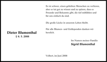Traueranzeige von Dieter Blumenthal von Tageszeitung