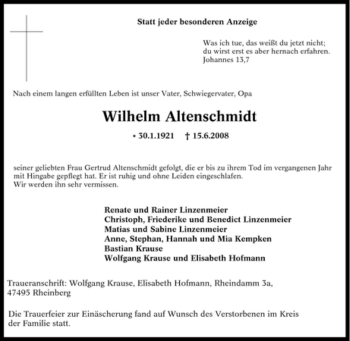 Traueranzeige von Wilhelm Altenschmidt von Tageszeitung