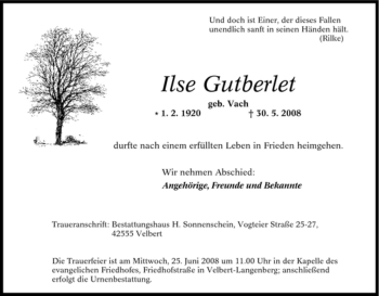 Traueranzeige von Ilse Gutberlet von Tageszeitung
