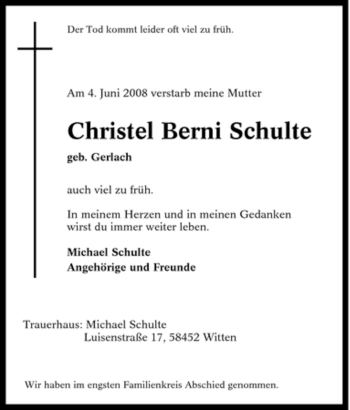 Traueranzeige von Christel Berni Schulte von Tageszeitung