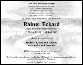Traueranzeige von Rainer Eckard von Tageszeitung