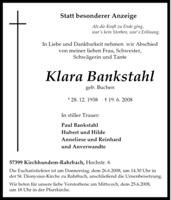 Traueranzeige von Klara Bankstahl von Tageszeitung