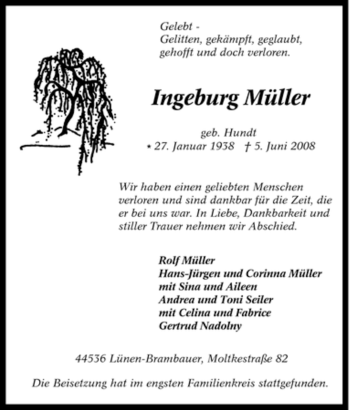 Traueranzeige von Ingeburg Müller von Tageszeitung