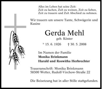 Traueranzeige von Gerda Mehl von Tageszeitung