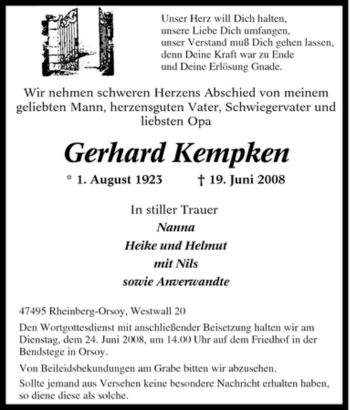 Traueranzeige von Gerhard Kempken von Tageszeitung