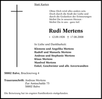 Traueranzeige von Rudi Mertens von Tageszeitung