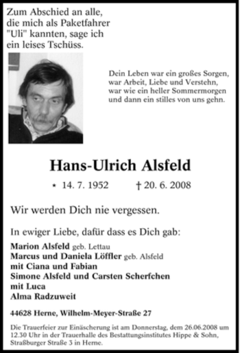Traueranzeige von Hans-Ulrich Alsfeld von Tageszeitung