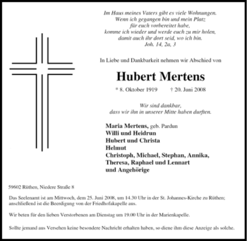 Traueranzeige von Hubert Mertens von Tageszeitung