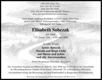 Traueranzeige von Elisabeth Sobczak von Tageszeitung