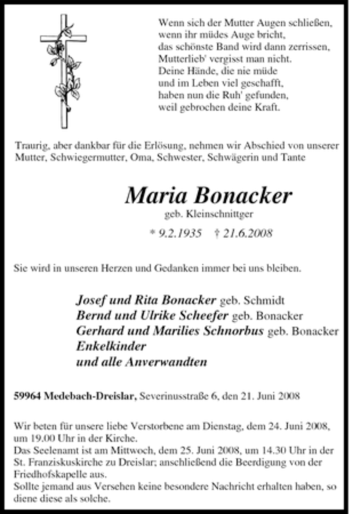 Traueranzeige von Maria Bonacker von Tageszeitung