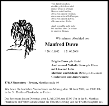 Traueranzeige von Manfred Duwe von Tageszeitung