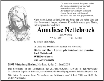 Traueranzeige von Anneliese Nettebrock von Tageszeitung