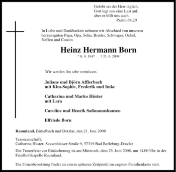 Traueranzeige von Heinz Hermann Born von Tageszeitung