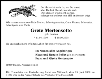 Traueranzeige von Grete Mertensotto von Tageszeitung