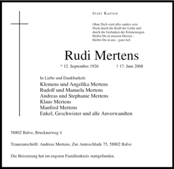 Traueranzeige von Rudi Mertens von Tageszeitung