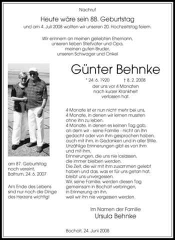 Traueranzeige von Günter Behnke von Tageszeitung