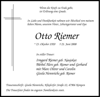 Traueranzeige von Otto Riemer von Tageszeitung