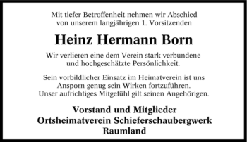 Traueranzeige von Heinz Hermann Born von Tageszeitung