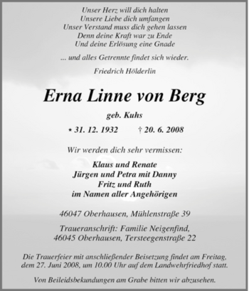 Traueranzeige von Erna Linne von Berg von Tageszeitung