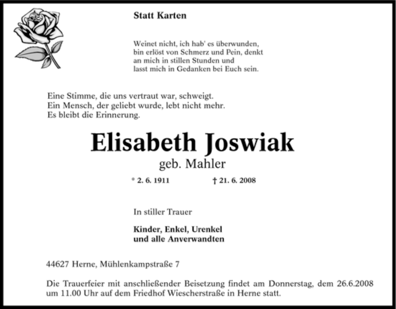  Traueranzeige für Elisabeth Joswiak vom 24.06.2008 aus Tageszeitung