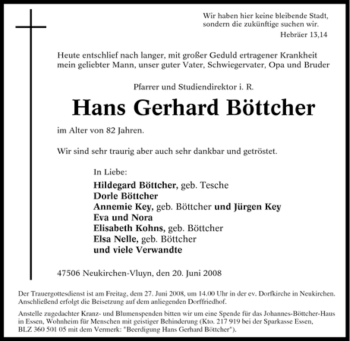 Traueranzeige von Hans Gerhard Böttcher von Tageszeitung