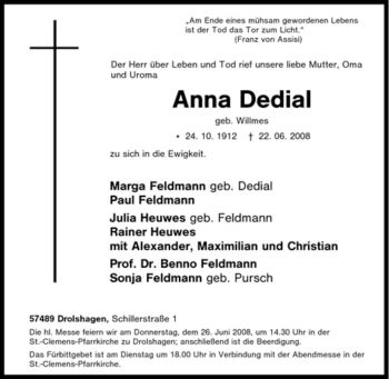 Traueranzeige von Anna Dedial von Tageszeitung