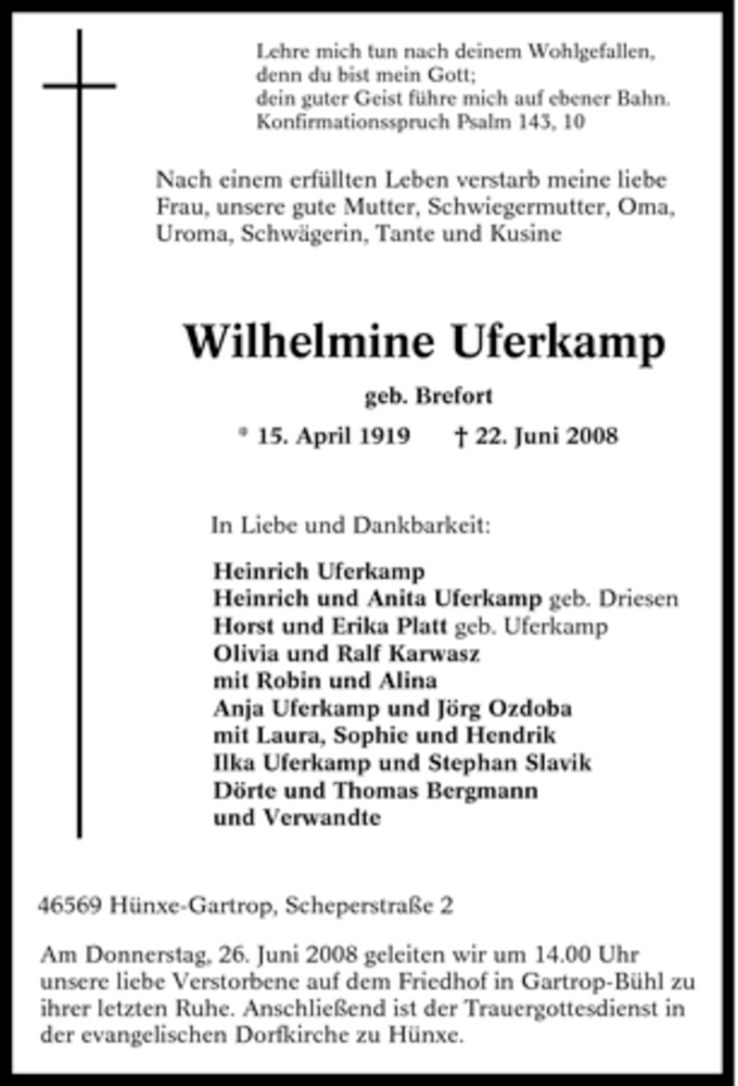  Traueranzeige für Wilhelmine Uferkamp vom 24.06.2008 aus Tageszeitung