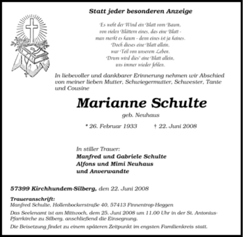 Traueranzeige von Marianne Schulte von Tageszeitung