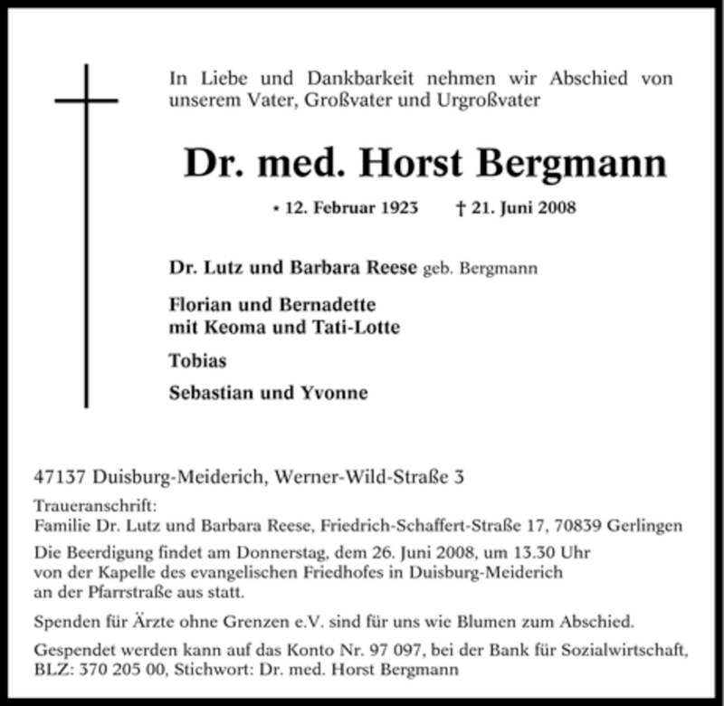  Traueranzeige für Horst Bergmann vom 24.06.2008 aus Tageszeitung