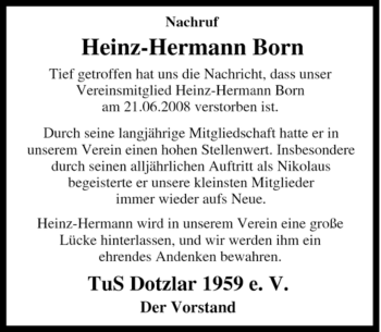 Traueranzeige von Heinz-Hermann Born von Tageszeitung