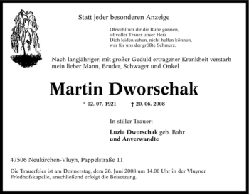 Traueranzeige von Martin Dworschak von Tageszeitung
