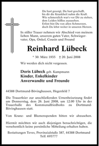 Traueranzeige von Reinhard Lübeck von Tageszeitung