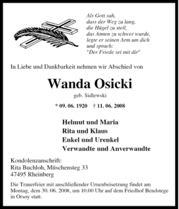 Traueranzeige von Wanda Osicki von Tageszeitung