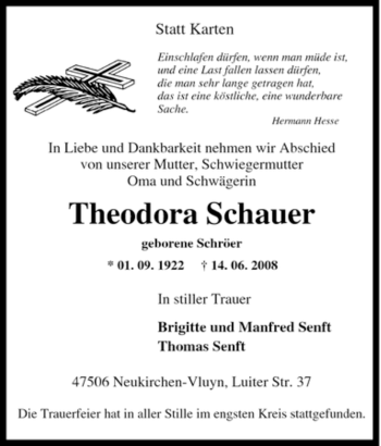 Traueranzeige von Theodora Schauer von Tageszeitung