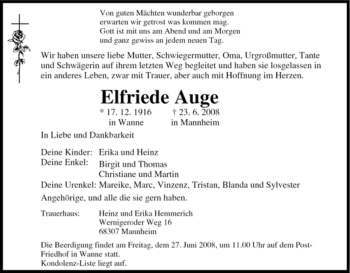 Traueranzeige von Elfriede Auge von Tageszeitung