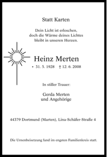 Traueranzeige von Heinz Merten von Tageszeitung