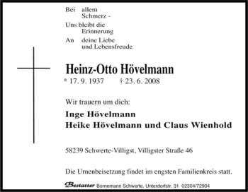 Traueranzeige von Heinz-Otto Hövelmann von Tageszeitung