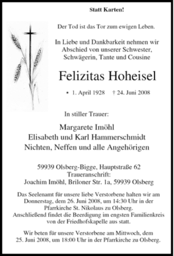 Traueranzeige von Felizitas Hoheisel von Tageszeitung