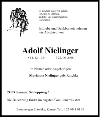 Traueranzeige von Adolf Nielinger von Tageszeitung