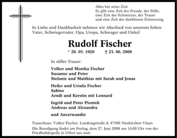 Traueranzeige von Rudolf Fischer von Tageszeitung