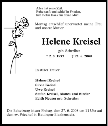 Traueranzeige von Helene Kreisel von Tageszeitung