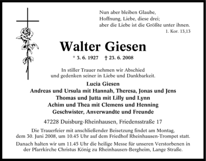  Traueranzeige für Walter Giesen vom 25.06.2008 aus Tageszeitung