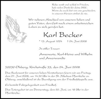 Traueranzeige von Karl Becker von Tageszeitung
