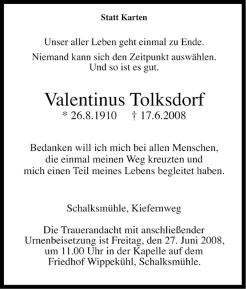  Traueranzeige für Valentinus Tolksdorf vom 25.06.2008 aus Tageszeitung