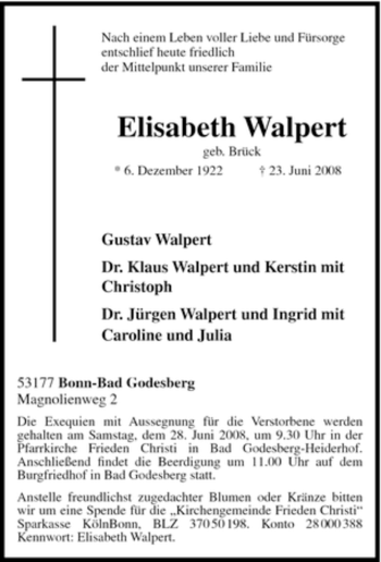 Traueranzeige von Elisabeth Walpert von Tageszeitung